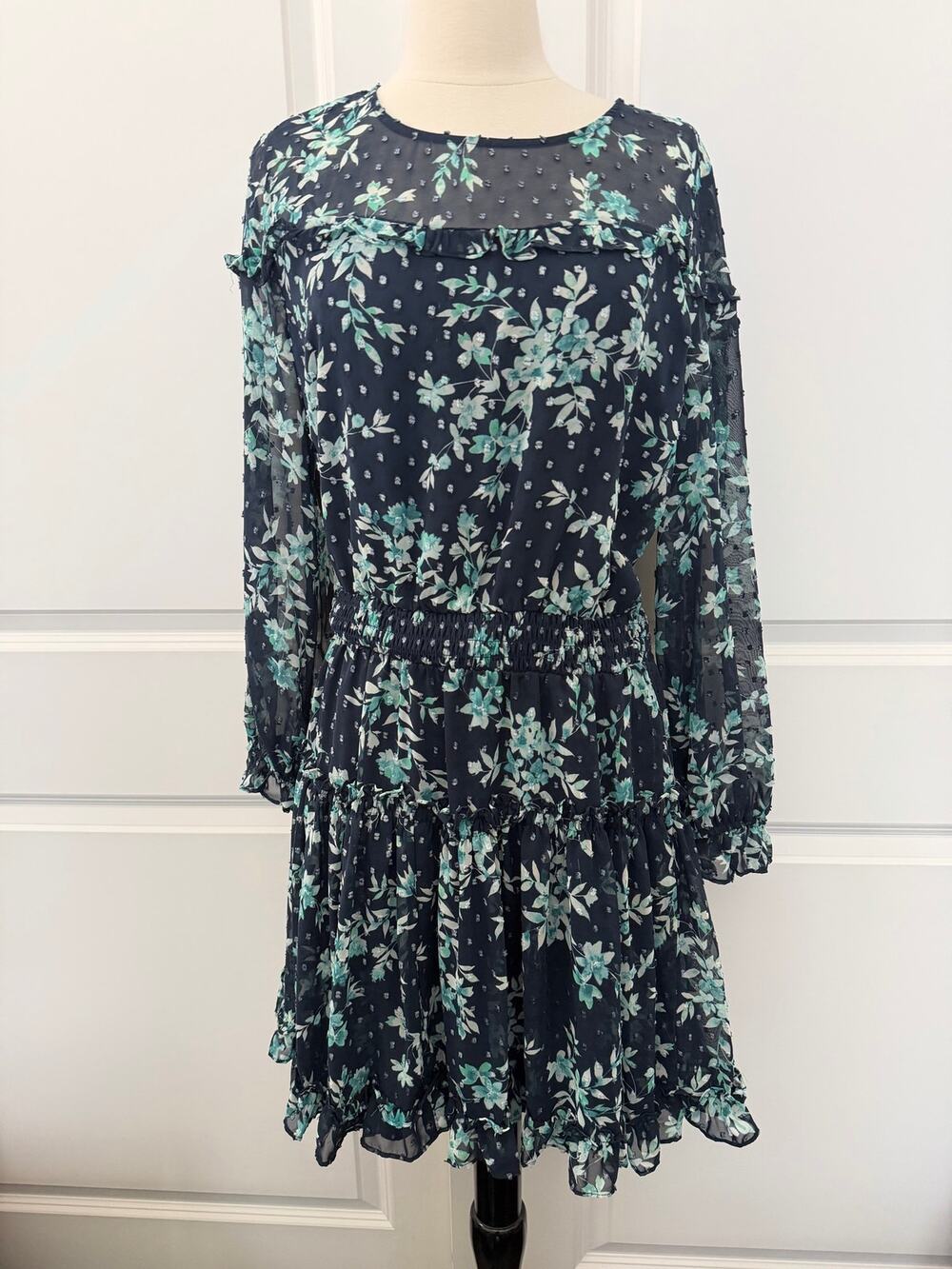 CeCe blue floral ruffle flocked dot long sleeve dress